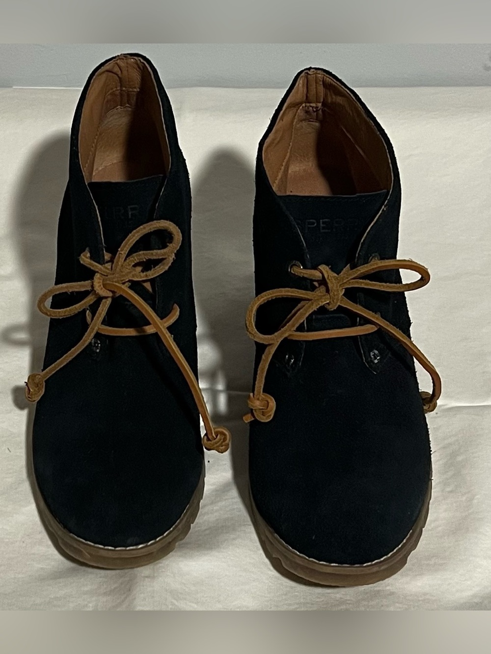 Sperry Top Sider Black Suede Heeled Boots with Brown Laces